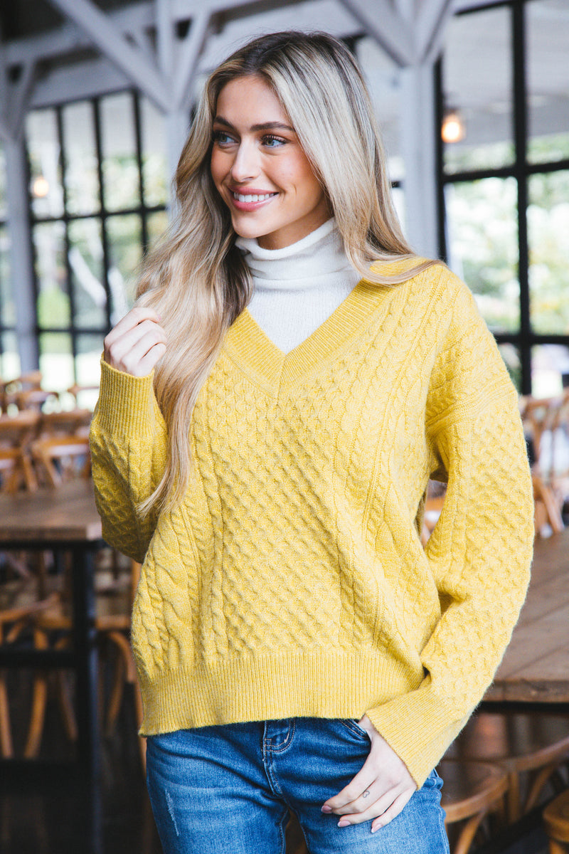 Vida Cable Knit Sweater with Turtleneck, Mustard