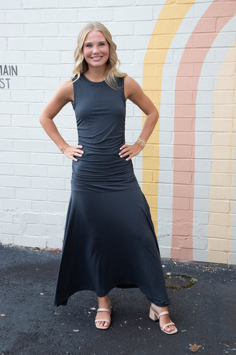 Jace Ruched Side Maxi Dress, Faded Black | Steve Madden