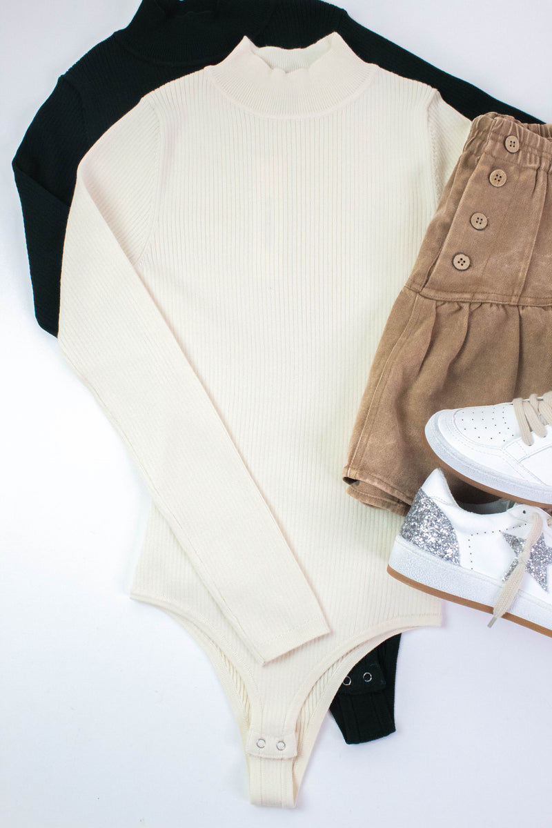 Bella High Neck Ribbed Bodysuit, Cream