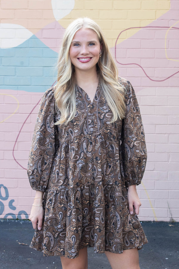 Adaline Paisley Print Mini Dress, Brown