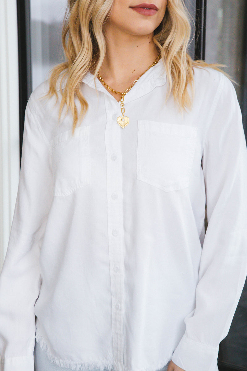 Addyson Fray Hem Button Up Shirt, Optic White | Velvet Heart