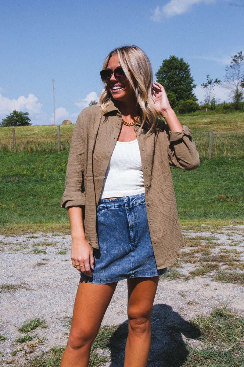 Cora Oversized Button Down Shirt, Olive