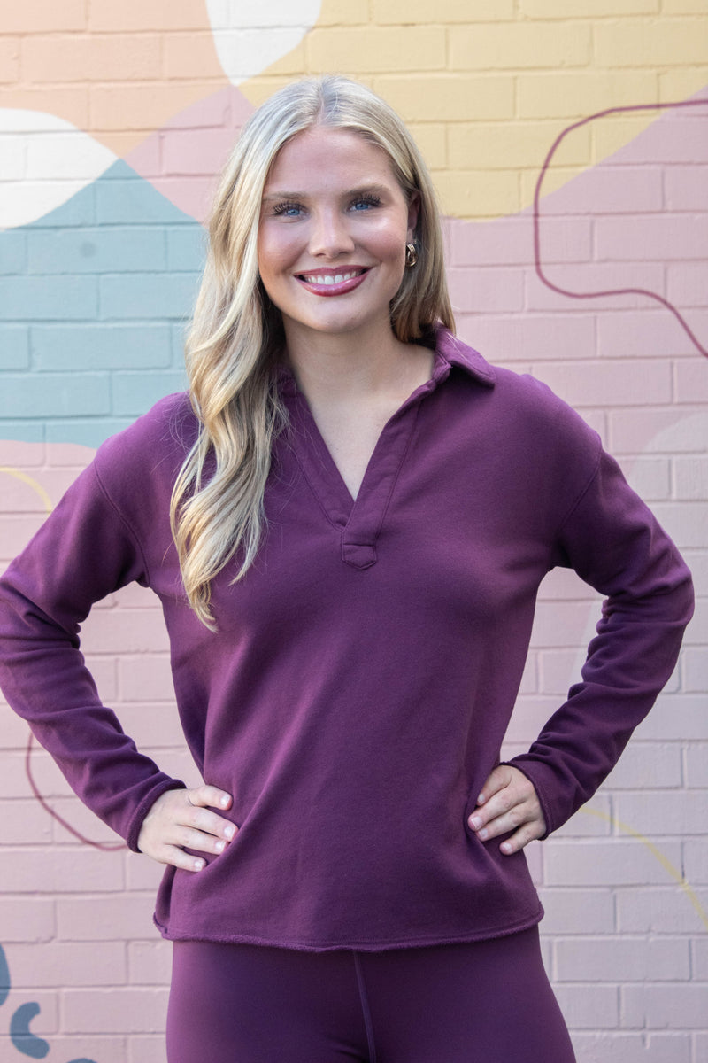Phoebe Collared Henley Tee, Dark Plum