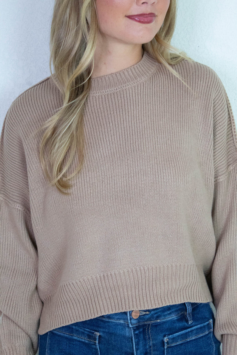 Camila Round Neck Cropped Sweater, Dark Taupe