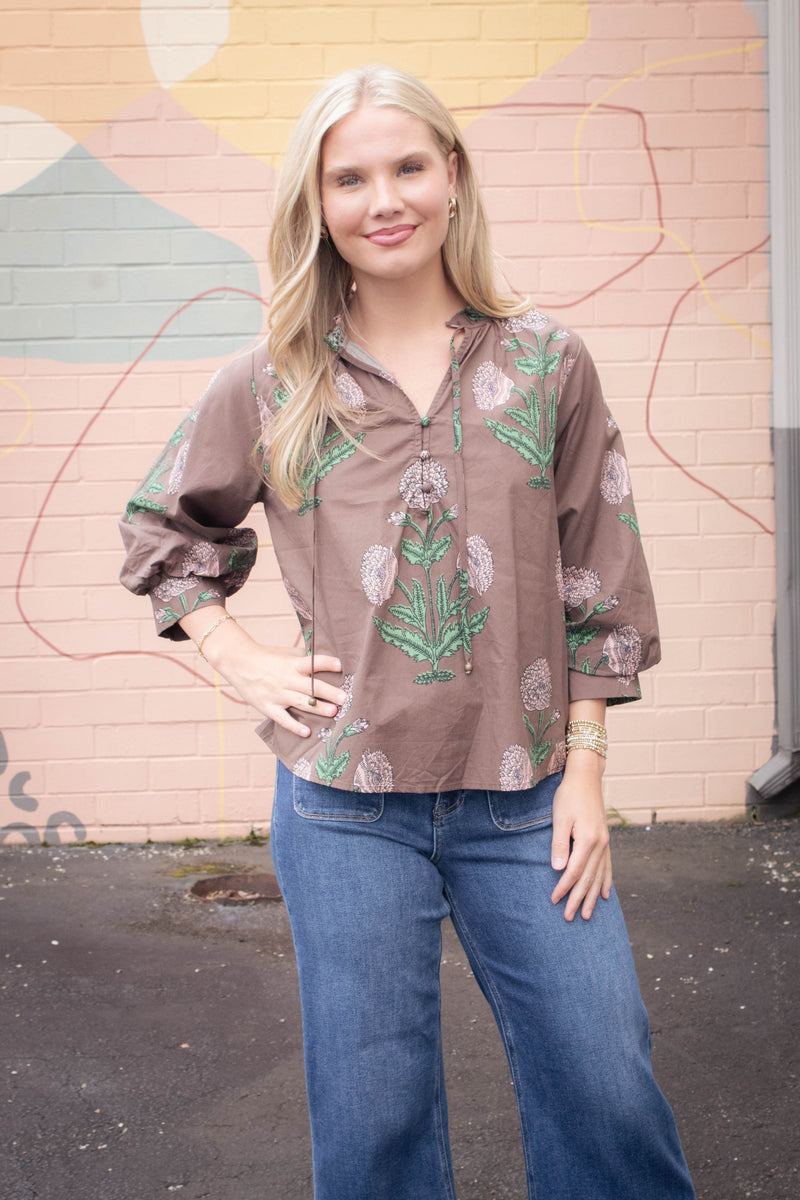 Miranda Floral Bubble Sleeve Blouse, Brown
