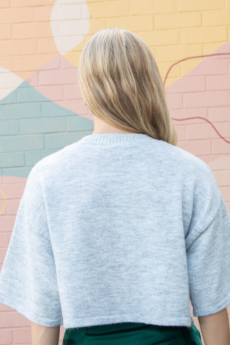 Jeanne Cropped Crew Neck Sweater, Heather Grey