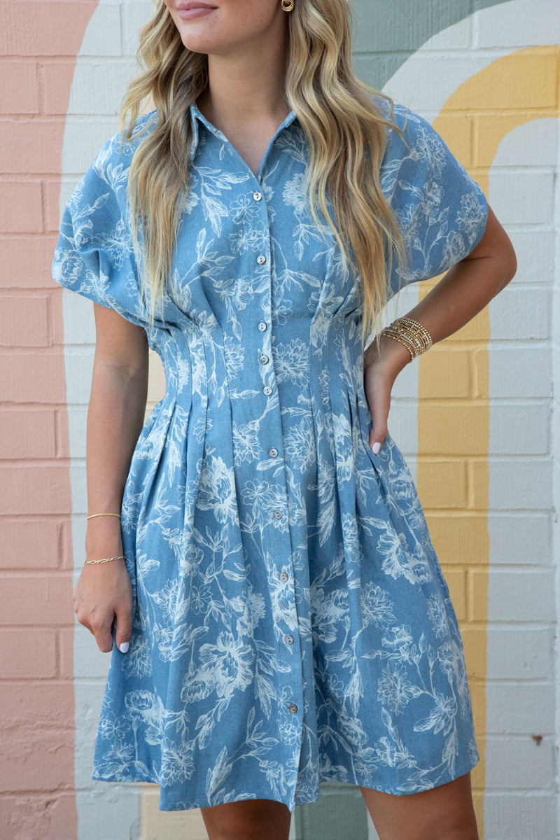 Madeline Washed Floral Denim Dress, Light Blue