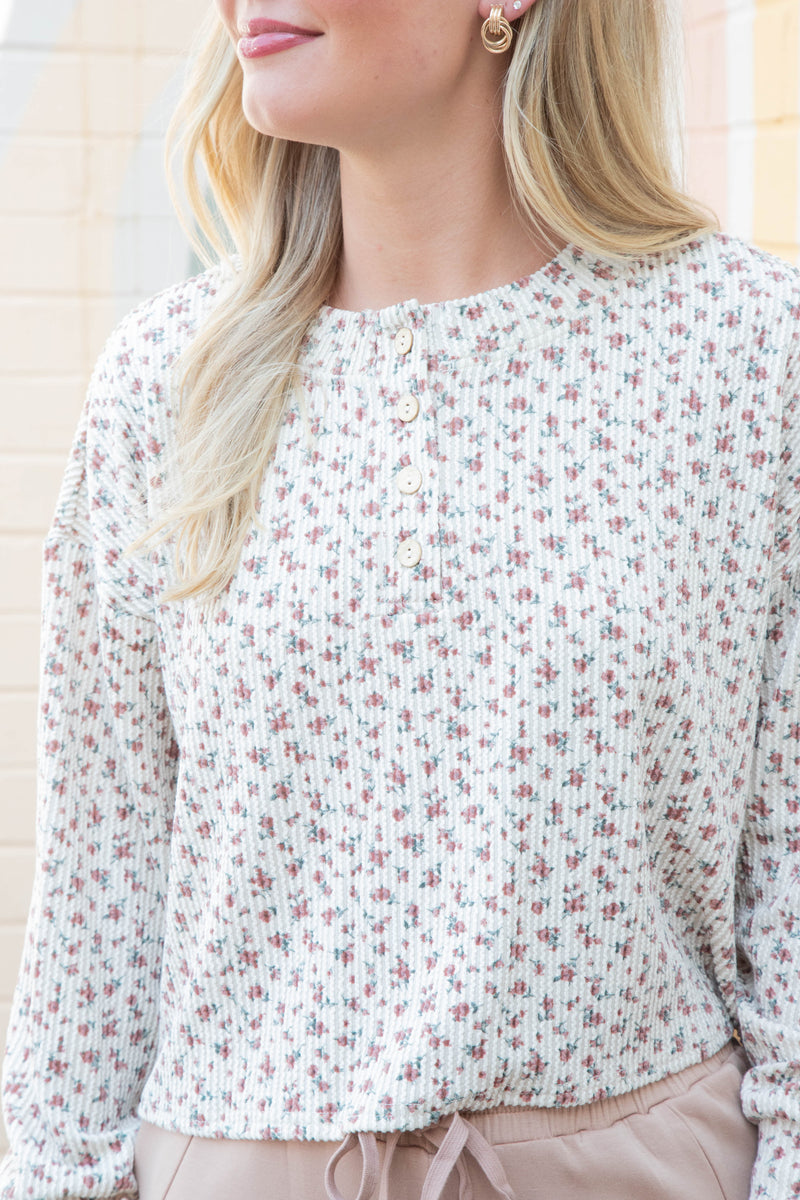 Liliana Floral Henley Rib Knit Top, Brown Multi
