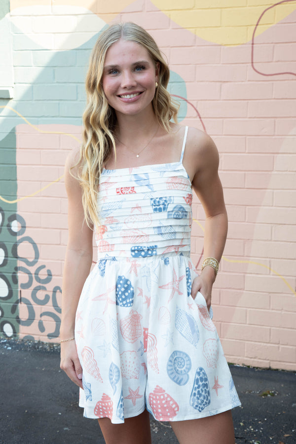 Seashells Pleated Bodice Romper, White Multi | Sadie & Sage