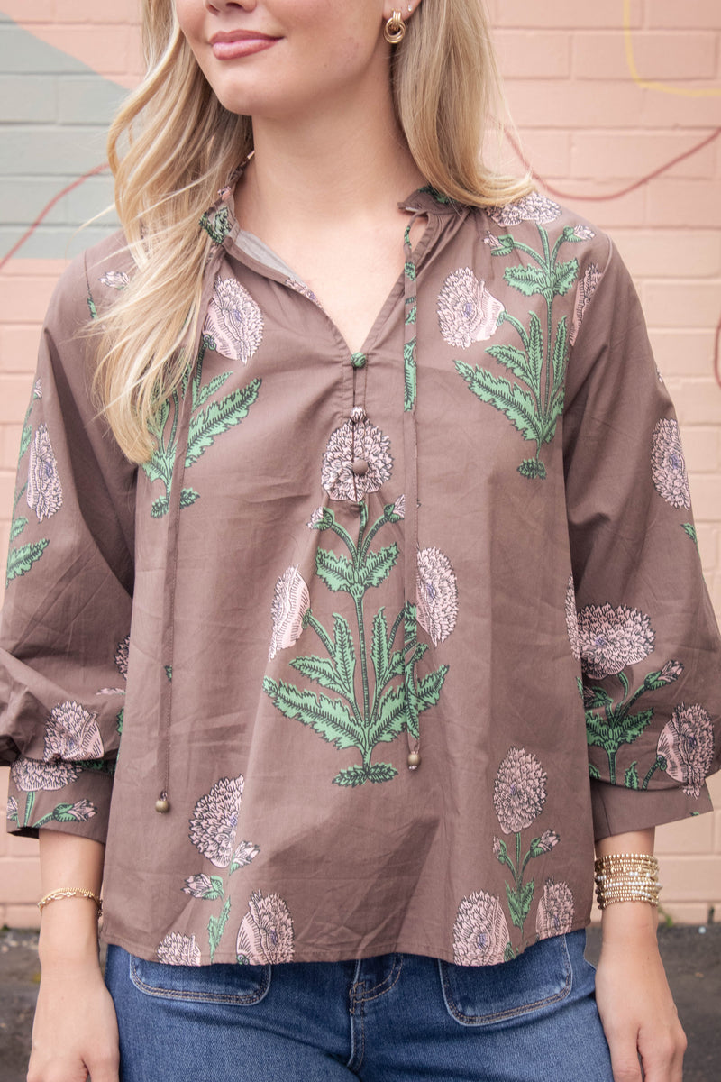 Miranda Floral Bubble Sleeve Blouse, Brown