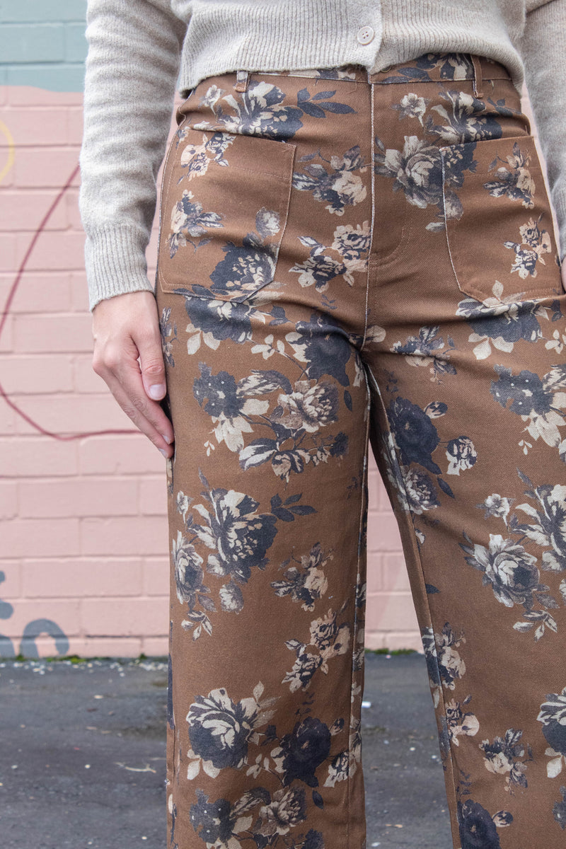 Aubrey Floral Mid Rise Ankle Pants, Caramel