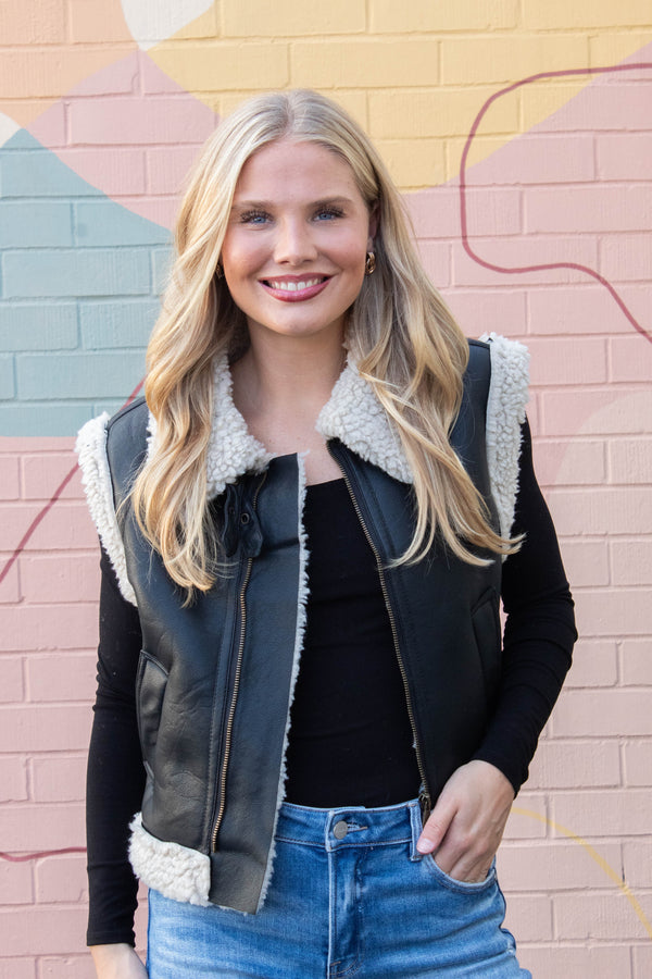 Claire Faux Leather Sherpa Lined Vest, Black