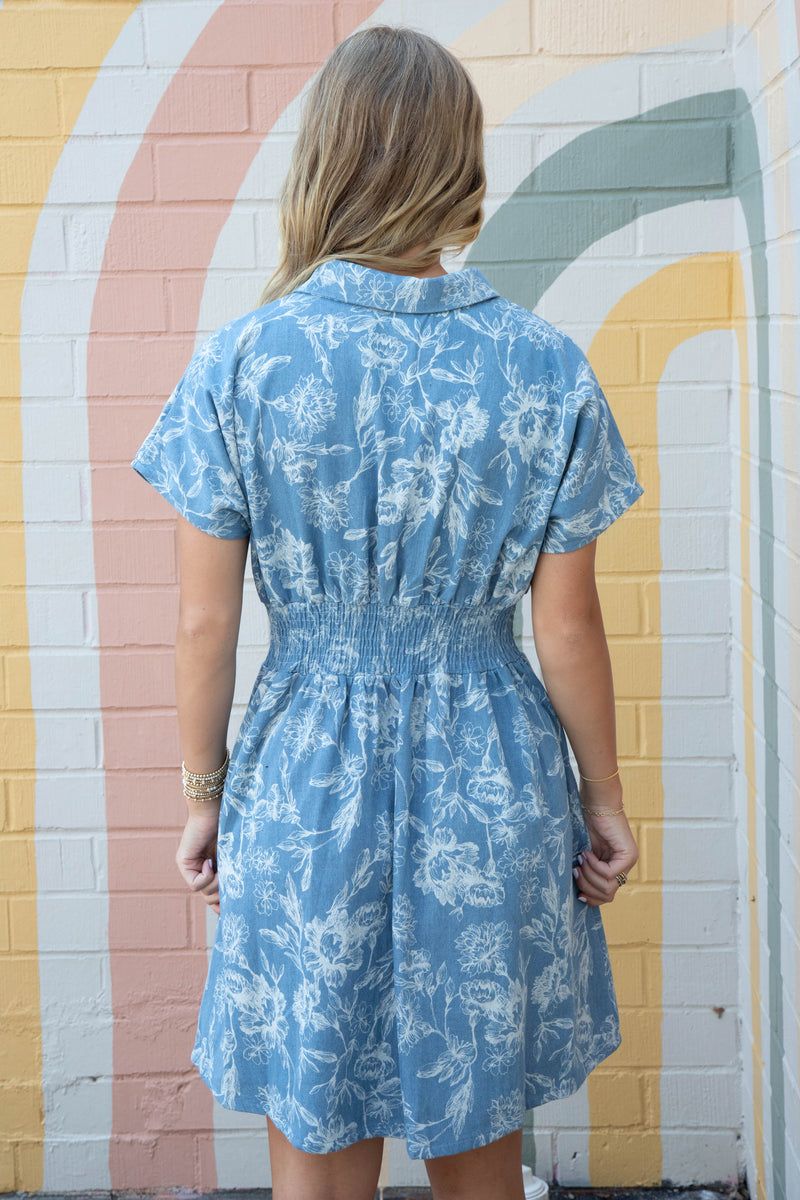 Madeline Washed Floral Denim Dress, Light Blue