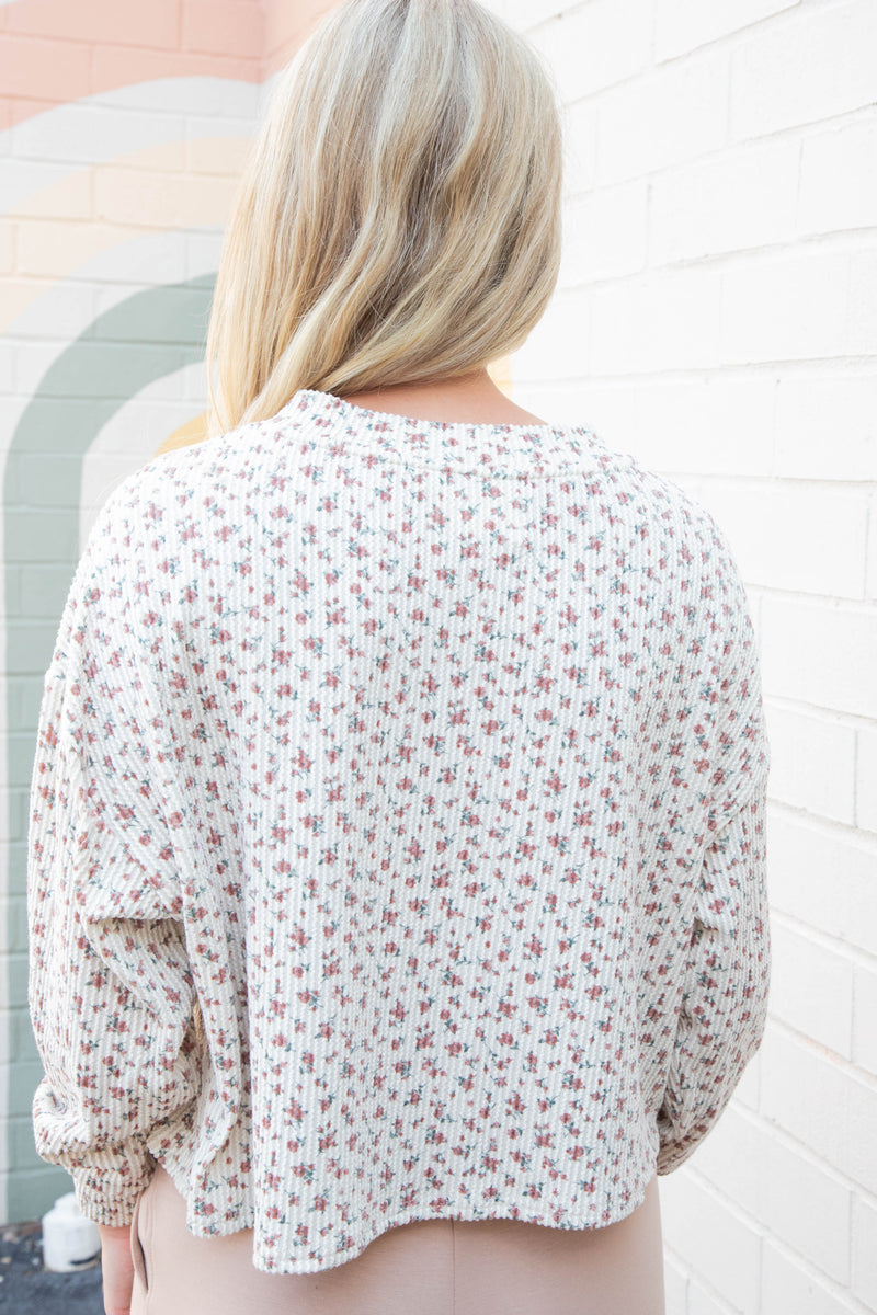 Liliana Floral Henley Rib Knit Top, Brown Multi