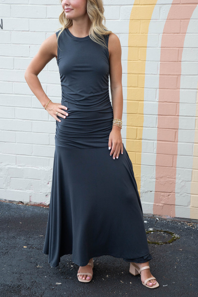 Jace Ruched Side Maxi Dress, Faded Black | Steve Madden