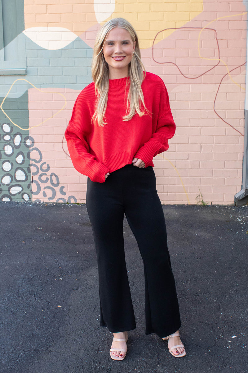 Camila Round Neck Cropped Sweater, Red