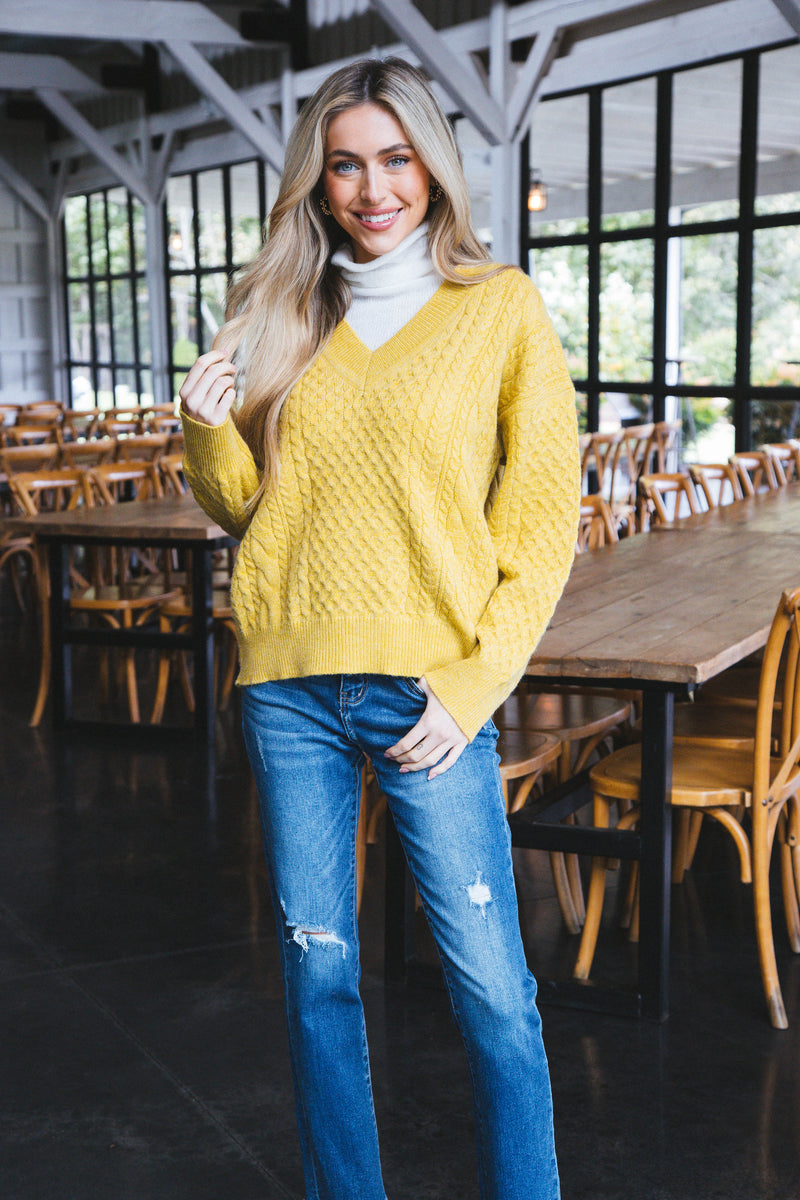 Vida Cable Knit Sweater with Turtleneck, Mustard