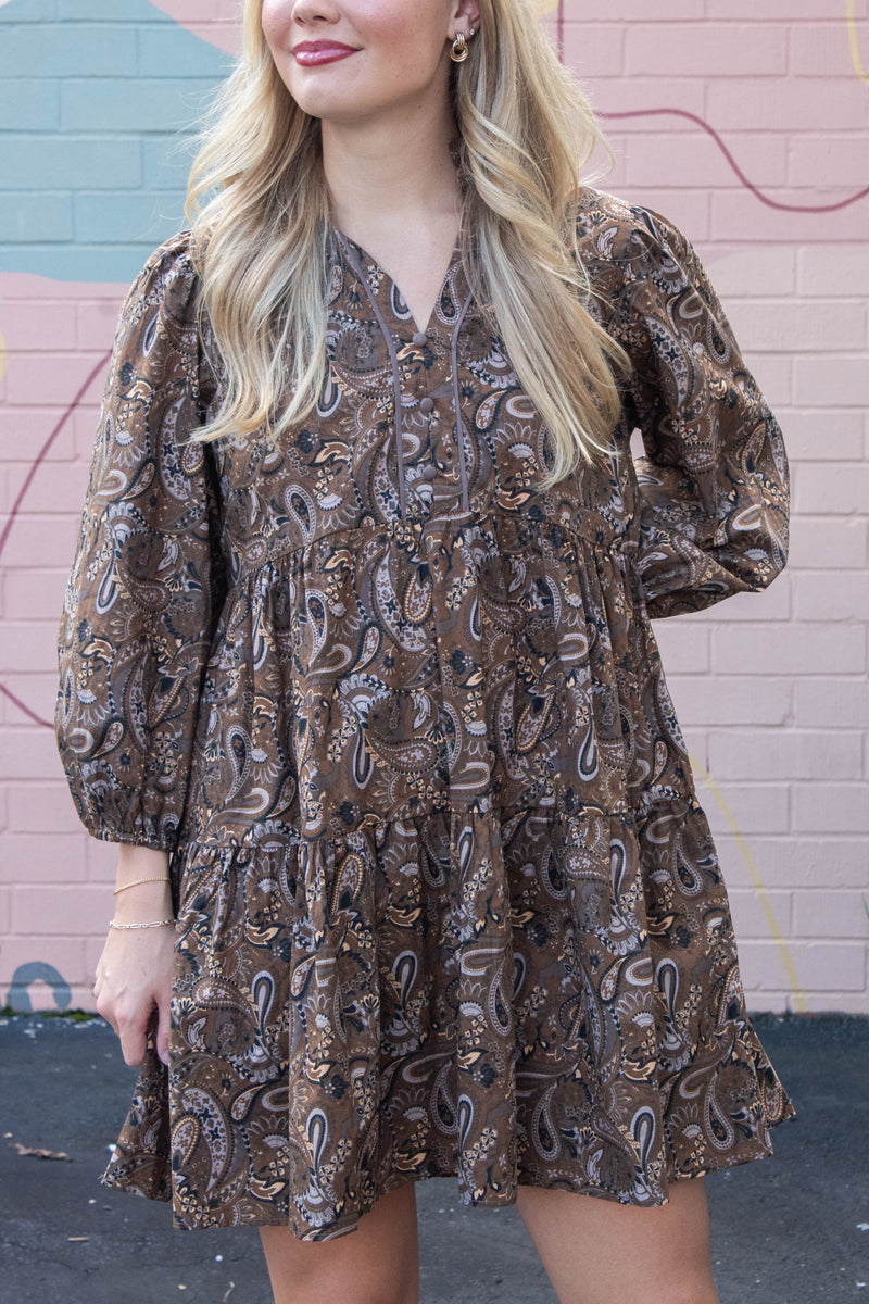 Adaline Paisley Print Mini Dress, Brown