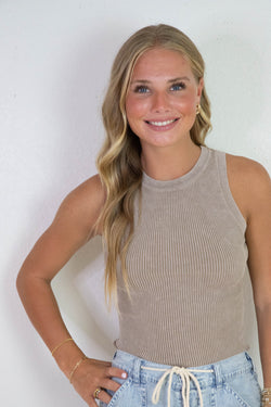 Elowen Washed Ribbed Tank Top, Mocha