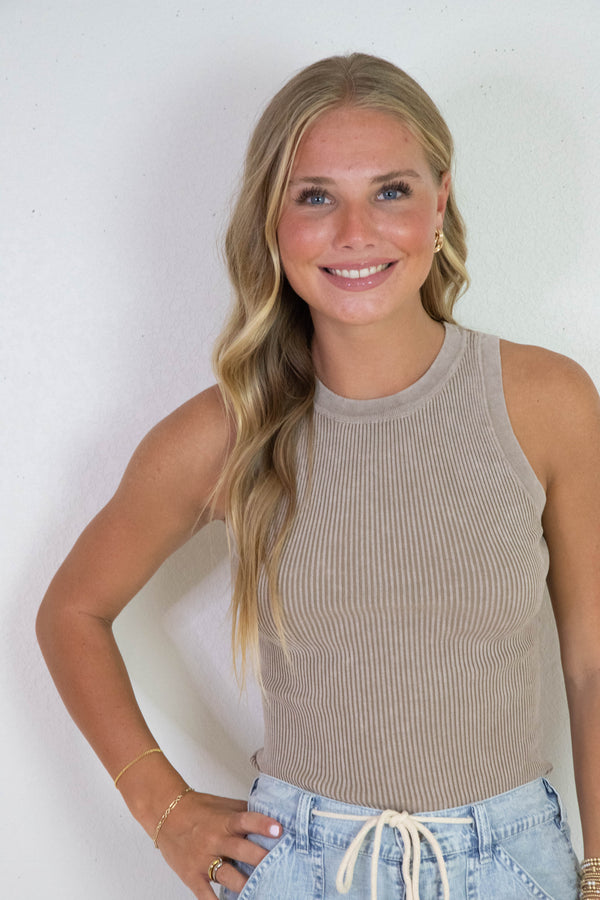 Elowen Washed Ribbed Tank Top, Mocha