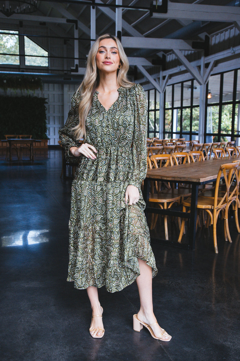 Amaris Paisley Maxi Dress, Olive Mix