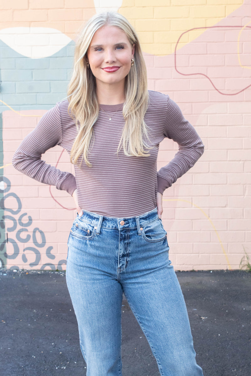 Madelyn Stitched Thermal Top, Brown