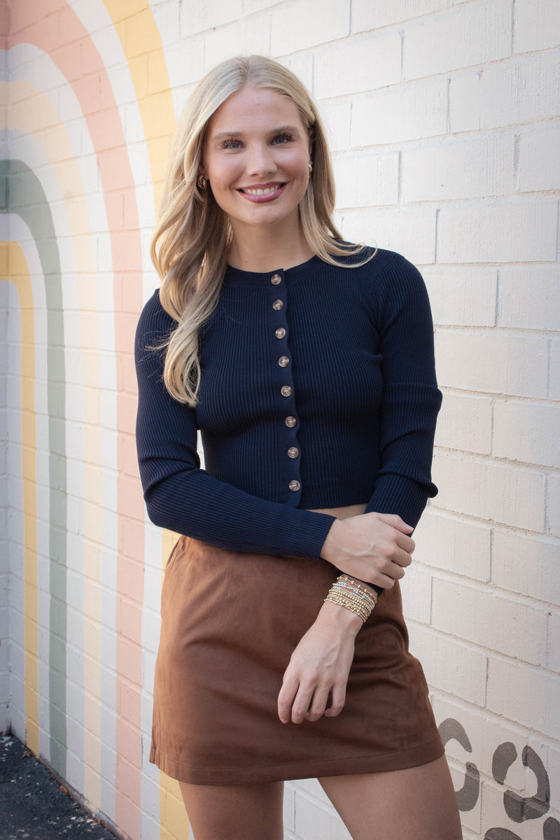 Josie Rib Knit Cropped Cardigan, Navy