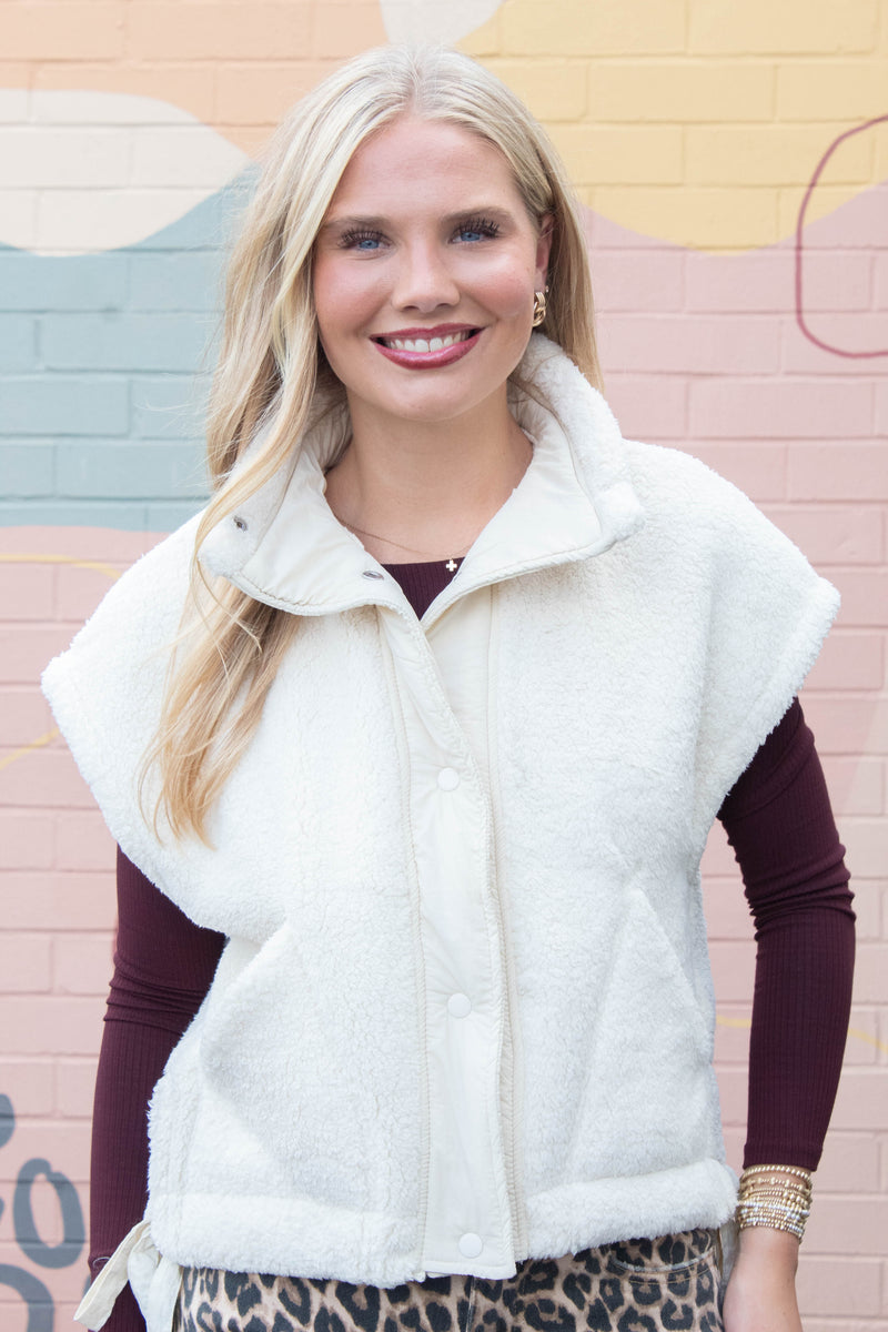 Addison Button Front Faux Fur Vest, Ivory