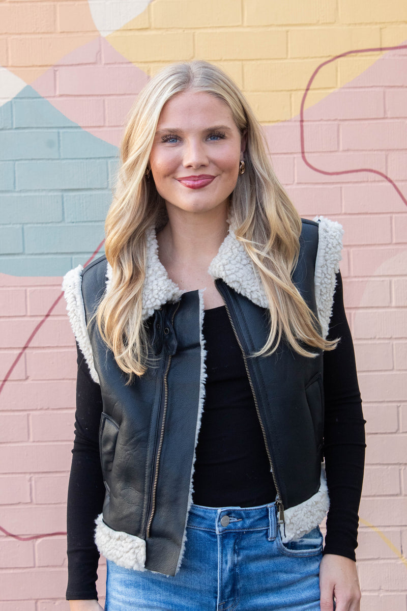 Claire Faux Leather Sherpa Lined Vest, Black
