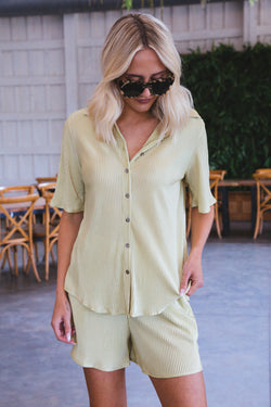 Jacque Plisse Button Down Top, Lime