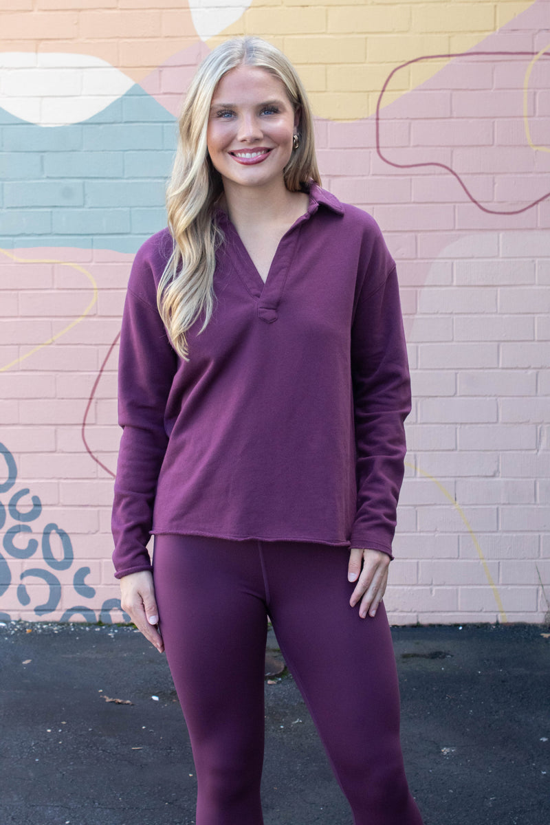 Phoebe Collared Henley Tee, Dark Plum