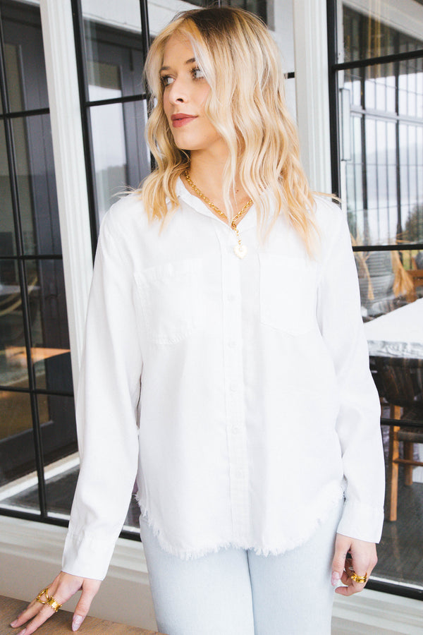 Addyson Fray Hem Button Up Shirt, Optic White | Velvet Heart