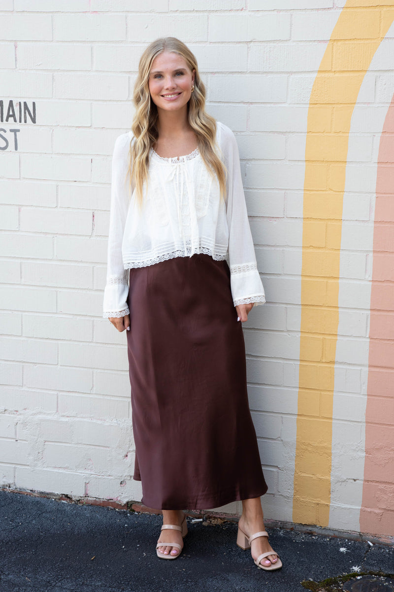 Brinley Satin Maxi Skirt, Chestnut