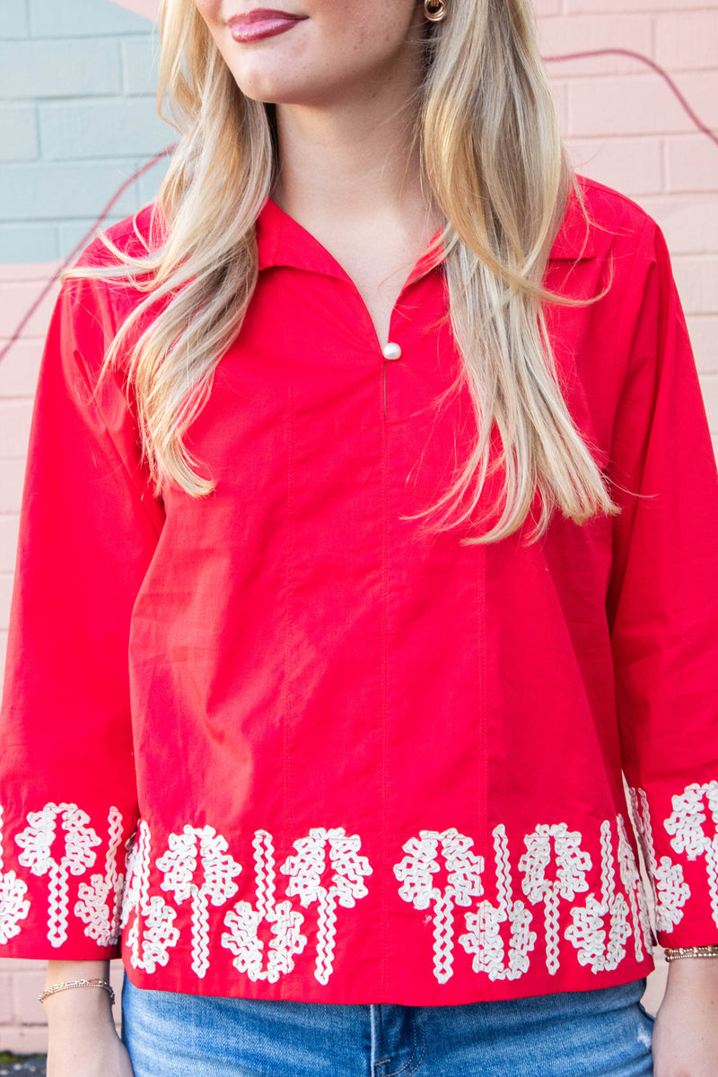 Katie 3D Floral Trim Accent Top, Red