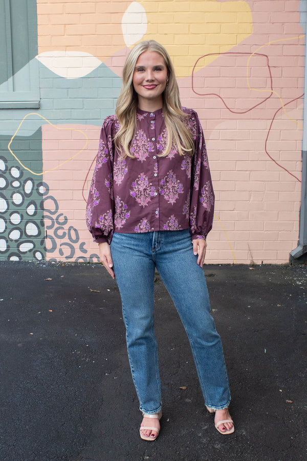 Wren Block Floral Blouse, Burgundy