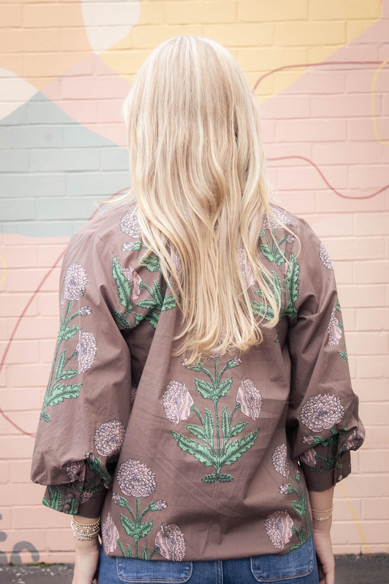 Miranda Floral Bubble Sleeve Blouse, Brown