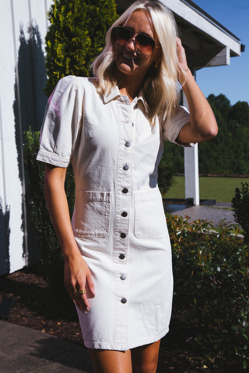 Romina Button Up Denim Dress, Ecru | Velvet Heart