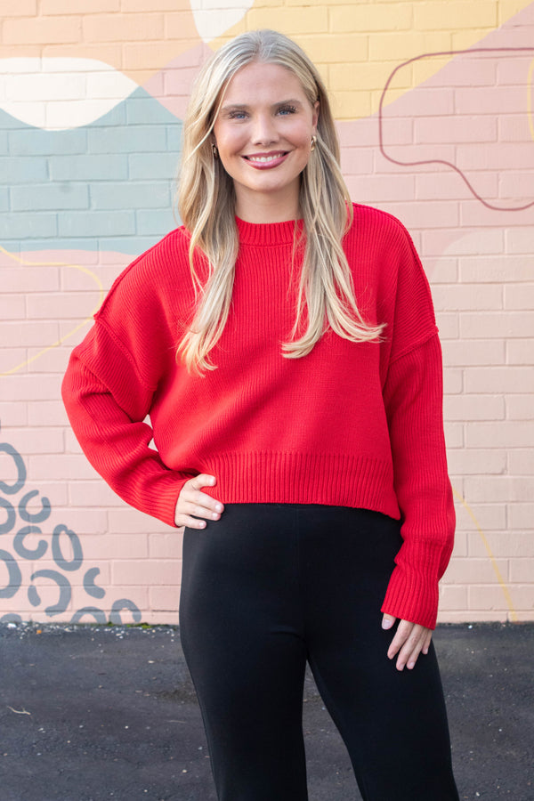 Camila Round Neck Cropped Sweater, Red