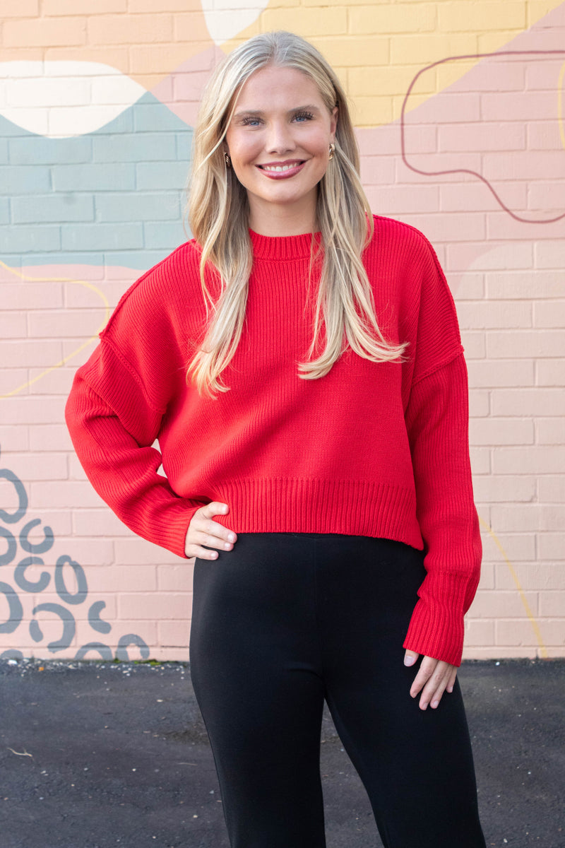 Camila Round Neck Cropped Sweater, Red