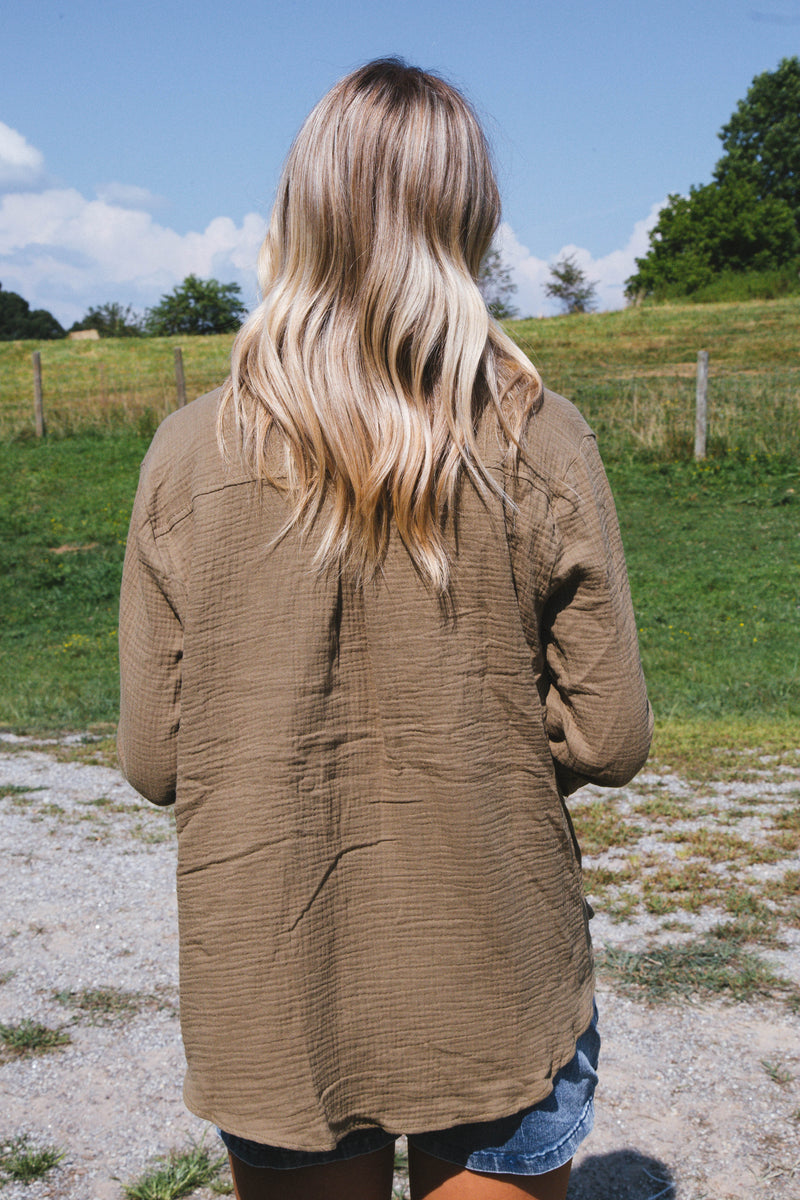 Cora Oversized Button Down Shirt, Olive