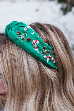 Candy Cane & Holly Holiday Headband, Green