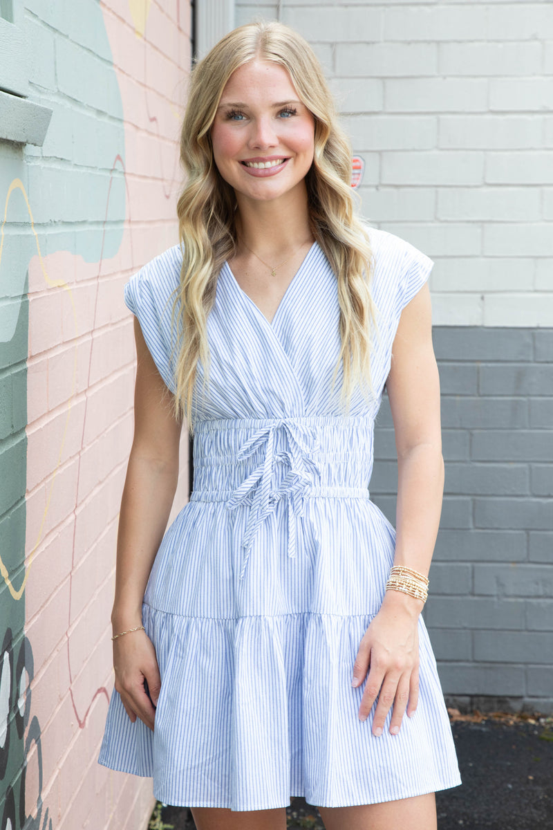 Renata Striped Surplice Bow Front Dress, Royal