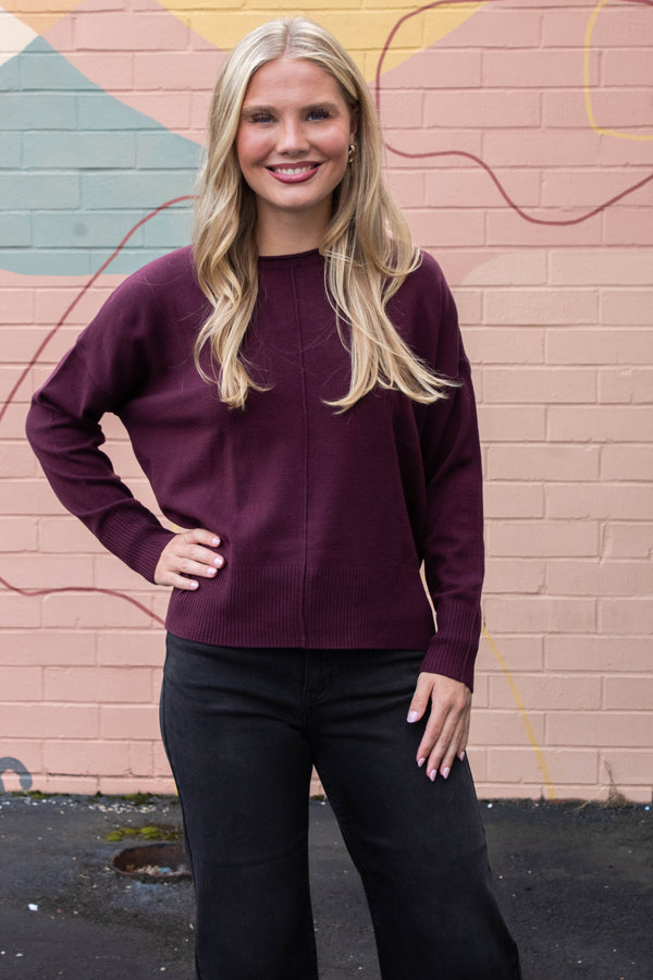 Kenzie Roll Neck Seam Front Sweater, Dark Cherry