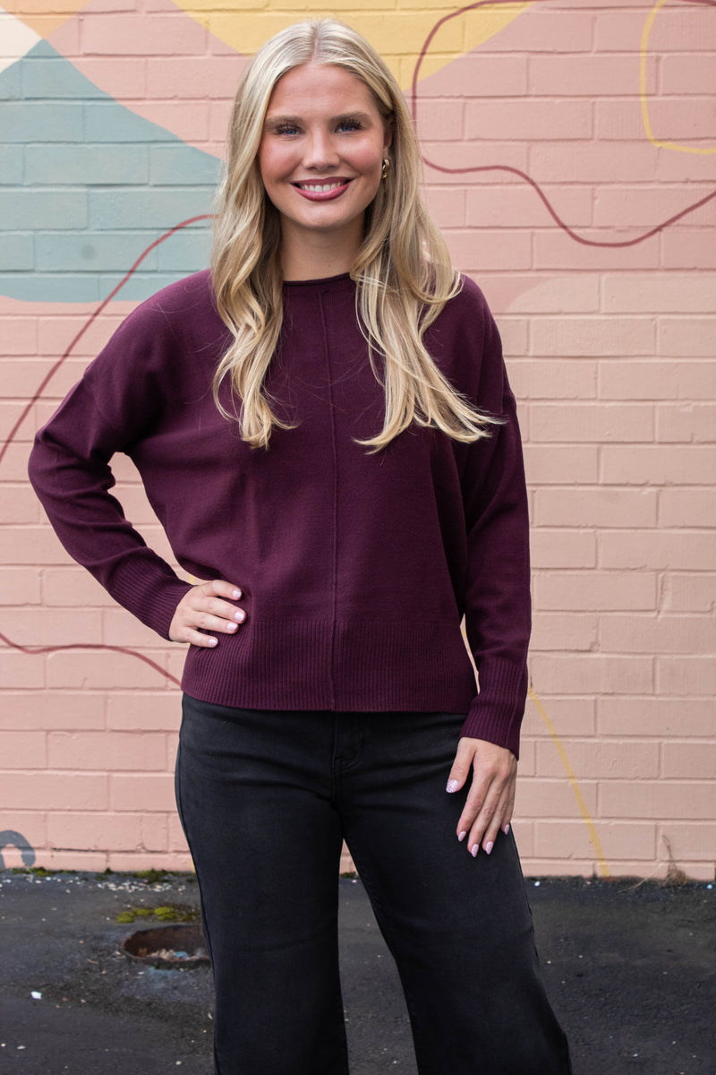 Kenzie Roll Neck Seam Front Sweater, Dark Cherry