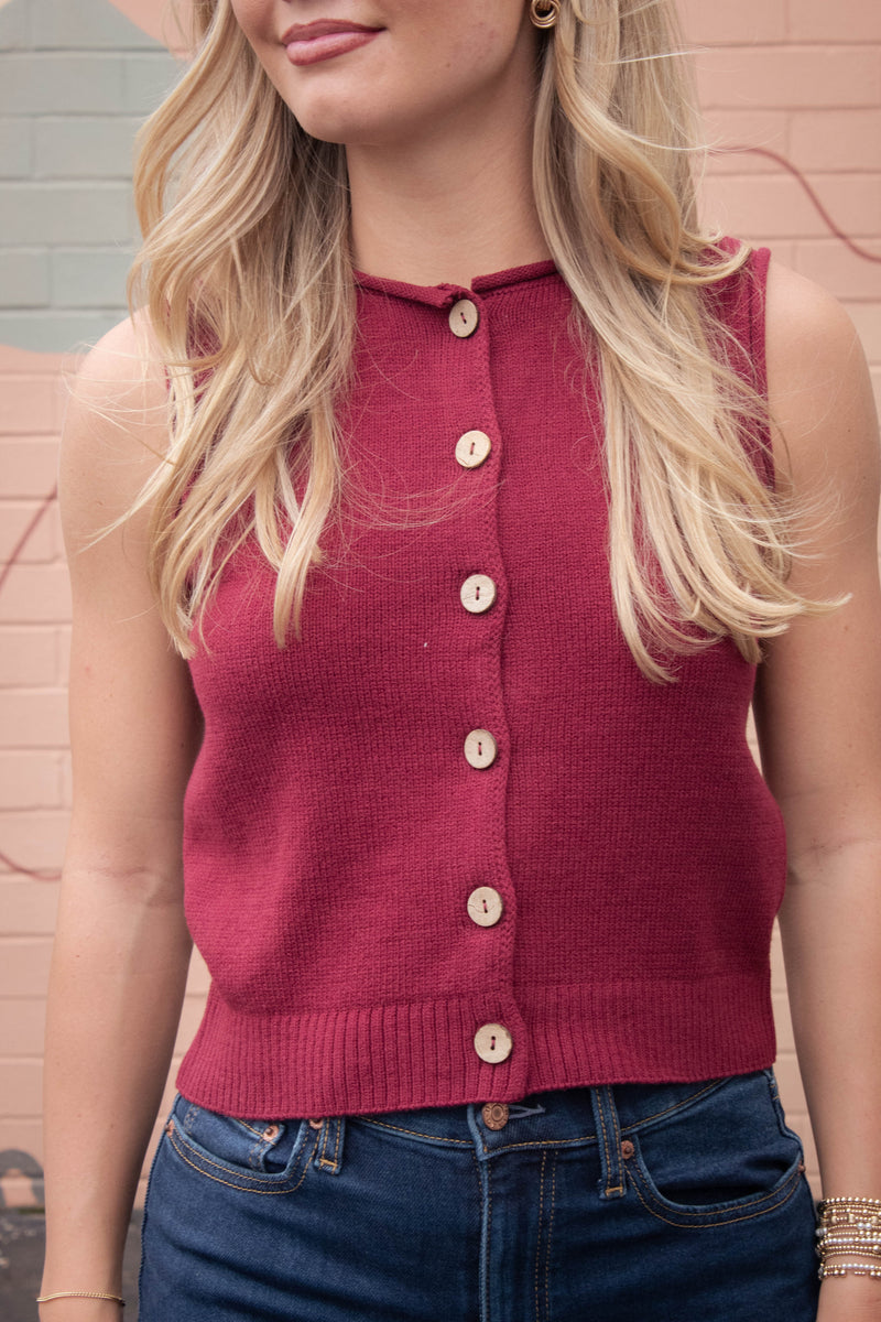 Lina Raw Edge Cardigan Vest, Burgundy
