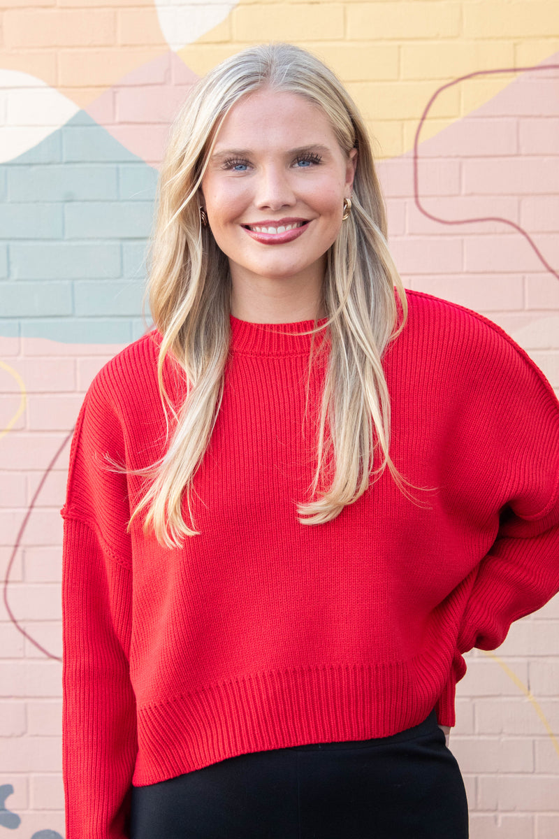 Camila Round Neck Cropped Sweater, Red