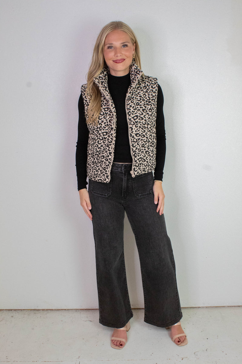 Caroline Leopard Print Puffer Vest, Khaki