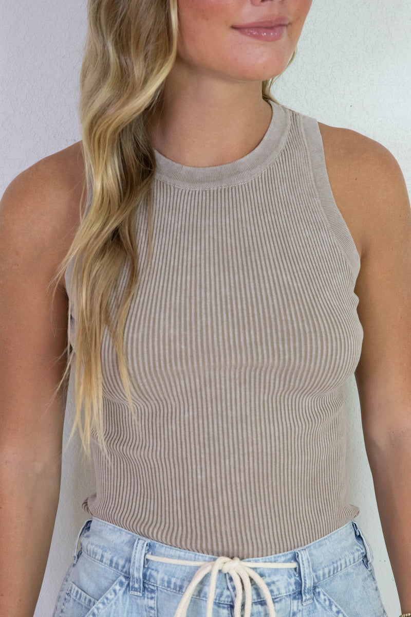 Elowen Washed Ribbed Tank Top, Mocha