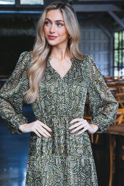 Amaris Paisley Maxi Dress, Olive Mix
