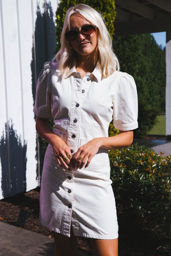 Romina Button Up Denim Dress, Ecru | Velvet Heart